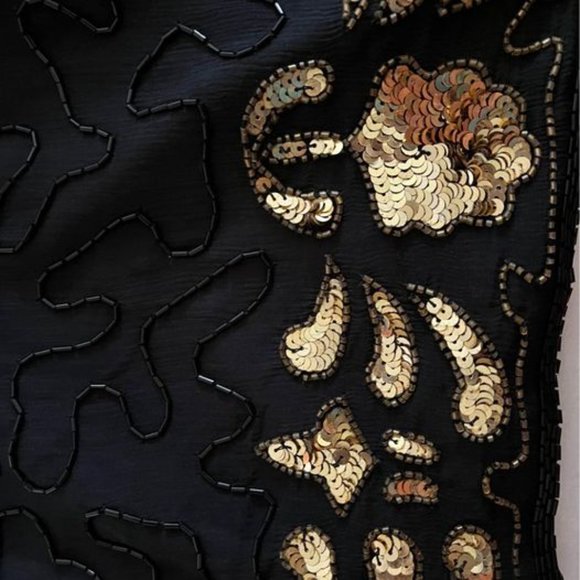 Fabulous Vintage 80s Slinky 100% Silk Black Sequined Skirt w/ Gold Border - Picture 6 of 7